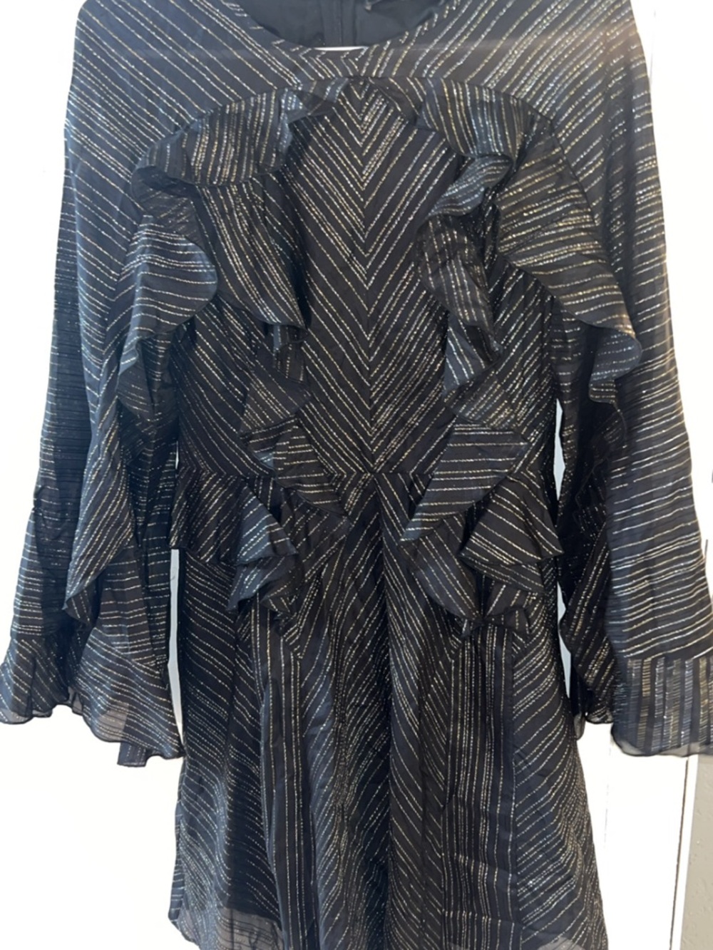 BCBG MaxAzria Black Metallic Stripe Ruffle Long-Sleeve Dress